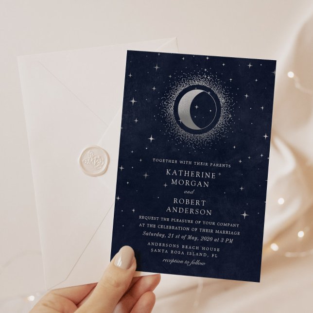 Celestial Midnight Blue Stars Moon Wedding Invitation (Creator Uploaded)