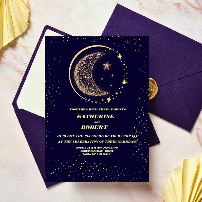 celestial midnight blue stars moon Wedding Invitation (Creator Uploaded)