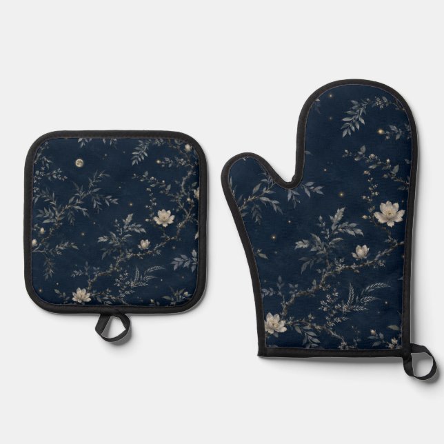 Celestial Midnight Garden Floral Navy Oven Mitt & Pot Holder Set (Front)
