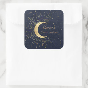 Celestial Midnight Gold Moon Quinceañera Square Sticker