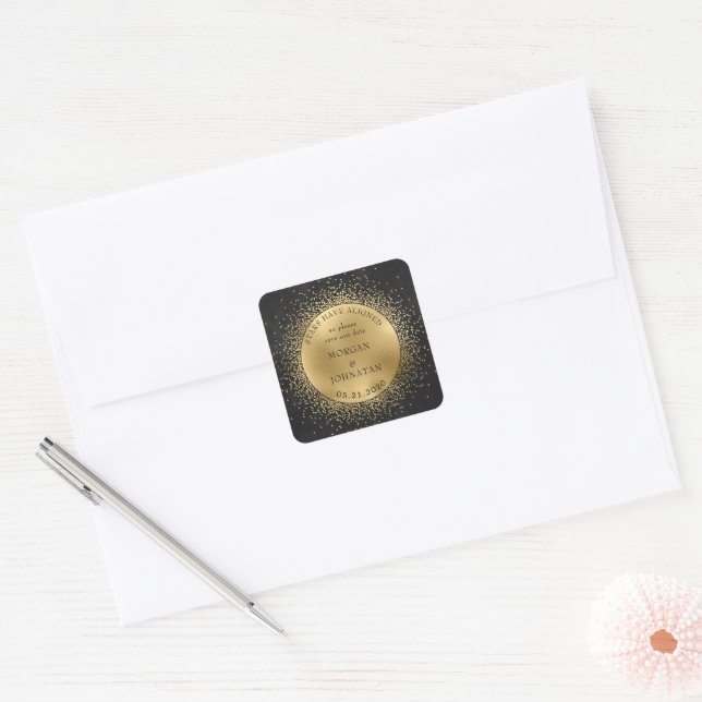 Celestial Midnight Gold Moon Save the Date Square Sticker (Envelope)