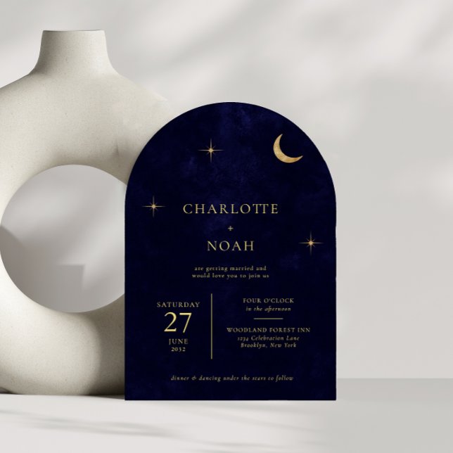 Celestial Midnight Gold Moon Stars Arch Wedding Invitation (Creator Uploaded)
