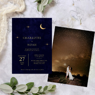 Celestial Midnight Gold Moon Stars Photo Wedding Invitation