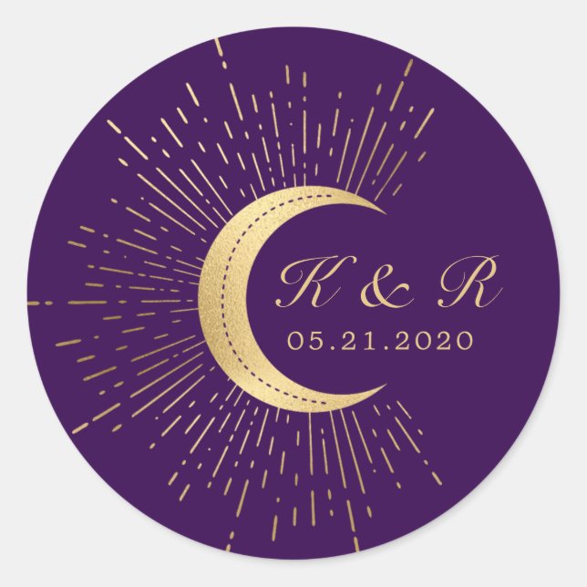Celestial Midnight Gold Moon Wedding Classic Round Sticker (Front)