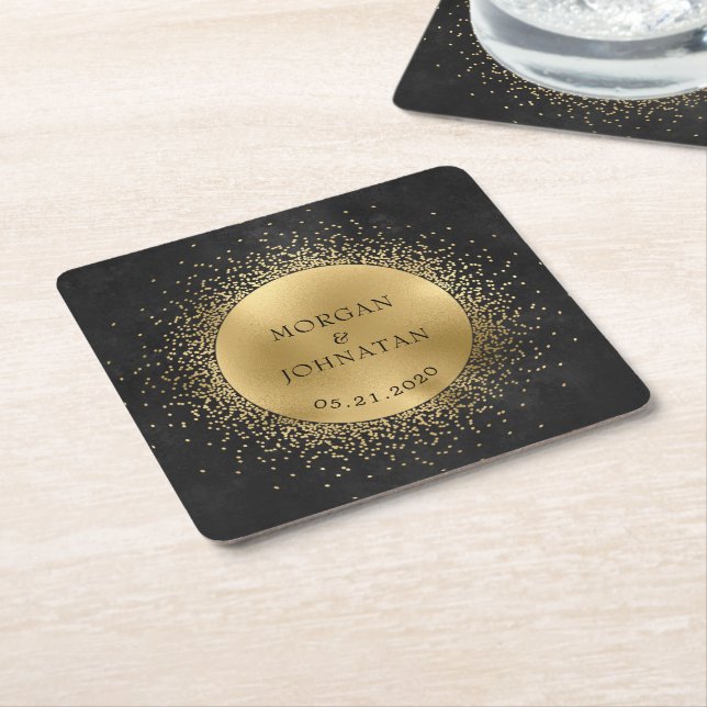 Celestial Midnight Gold Moon Wedding Square Paper Coaster (Angled)