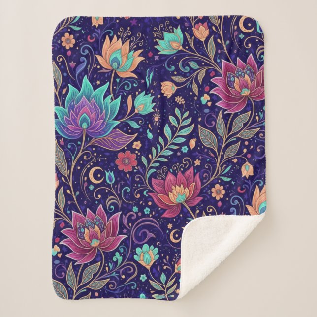 Celestial Midnight Lotus Floral Pattern Blanket (Front)