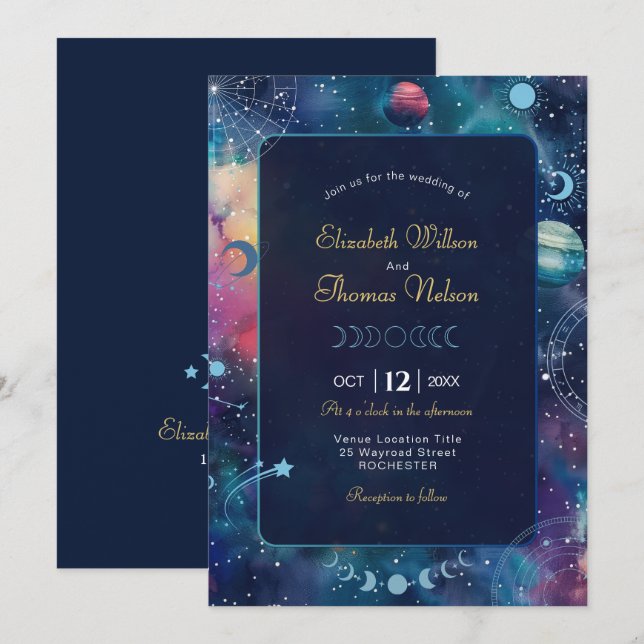 celestial midnight moon wedding invitation (Front/Back)