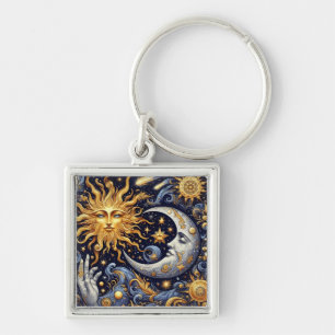 Celestial Midnight Silhouette Sun and Moon Key Ring