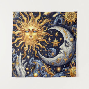 Celestial Midnight Silhouette Sun and Moon Tapestry