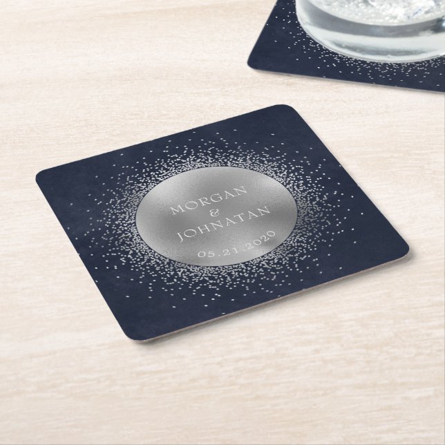 Celestial Midnight Silver Moon Wedding Square Paper Coaster (Angled)