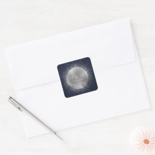 Celestial Midnight Silver Moon Wedding Square Sticker
