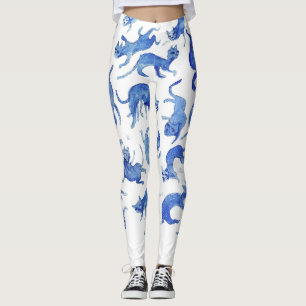 Celestial Ming Cats Blue White Chinoiserie Legging