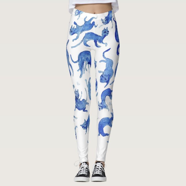 Celestial Ming Cats Blue White Chinoiserie Legging (Front)