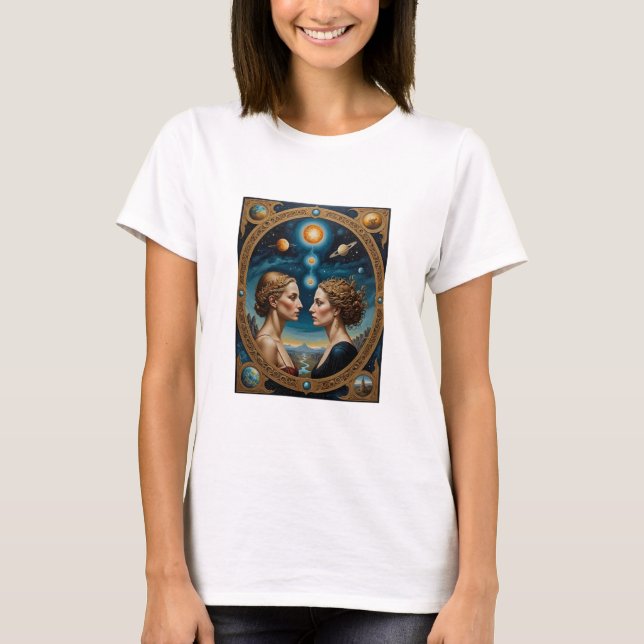 Celestial Mirror Goddesses Cosmic T-Shirt (Front)