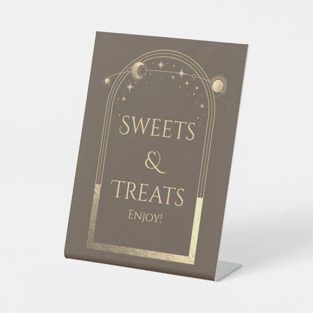 Celestial Mocha Gold Birthday Sweets & Treats Pedestal Sign (Front)