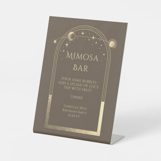 Celestial Mocha Gold Mimosa Bar Sun Moon Stars  Pedestal Sign (Front)