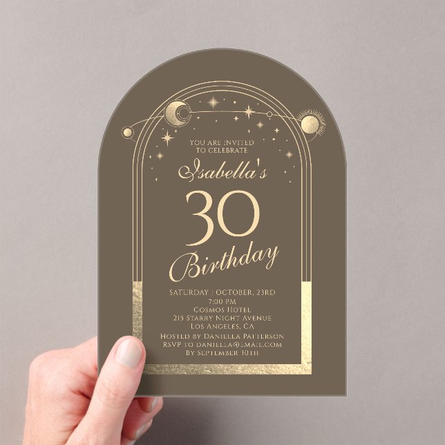 Celestial Mocha Gold Sun Moon Stars 30th Birthday Acrylic Invitations (Insitu (Handheld))