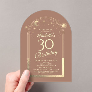 Celestial Mocha Gold Sun Moon Stars 30th Birthday Acrylic Invitations
