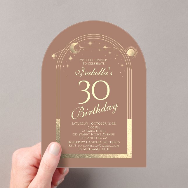 Celestial Mocha Gold Sun Moon Stars 30th Birthday Acrylic Invitations (Insitu (Handheld))