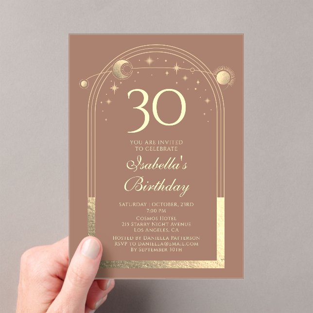 Celestial Mocha Gold Sun Moon Stars 30th Birthday Acrylic Invitations (Insitu (Handheld))