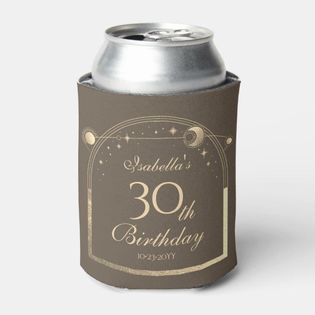 Celestial Mocha Gold Sun Moon Stars 30th Birthday Can Cooler (Can Front)