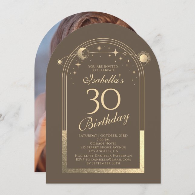 Celestial Mocha Gold Sun Moon Stars 30th Birthday Invitation (Front/Back)