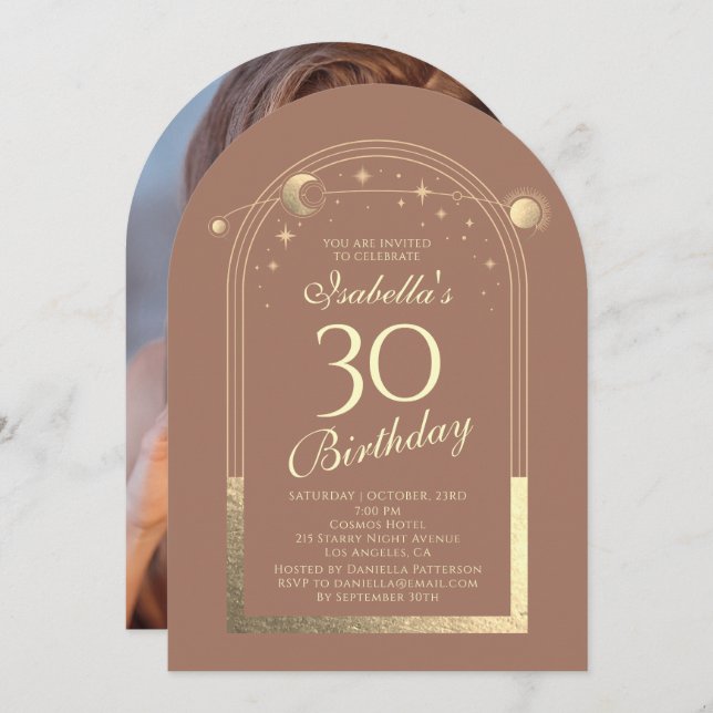 Celestial Mocha Gold Sun Moon Stars 30th Birthday Invitation (Front/Back)