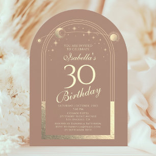 Celestial Mocha Gold Sun Moon Stars 30th Birthday Invitation