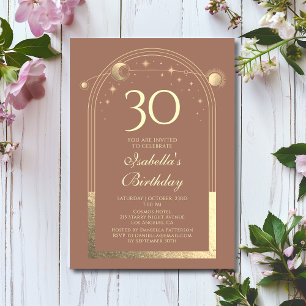 Celestial Mocha Gold Sun Moon Stars 30th Birthday Invitation