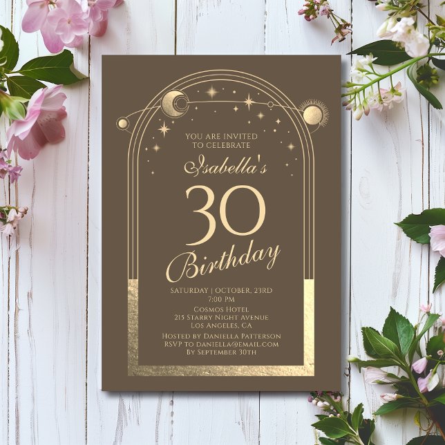 Celestial Mocha Gold Sun Moon Stars 30th Birthday Invitation (Creator Uploaded)