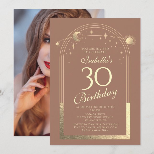 Celestial Mocha Gold Sun Moon Stars 30th Birthday Invitation (Front/Back)