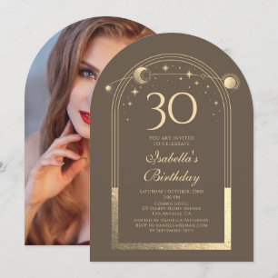 Celestial Mocha Gold Sun Moon Stars 30th Birthday Invitation