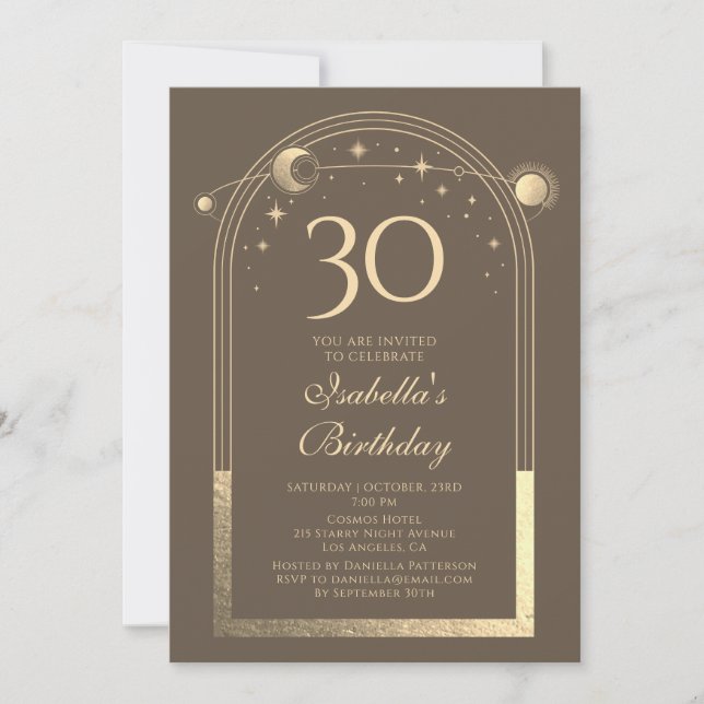 Celestial Mocha Gold Sun Moon Stars 30th Birthday Invitation (Front)