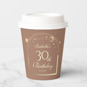 Celestial Mocha Gold Sun Moon Stars 30th Birthday Paper Cups