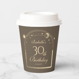 Celestial Mocha Gold Sun Moon Stars 30th Birthday Paper Cups