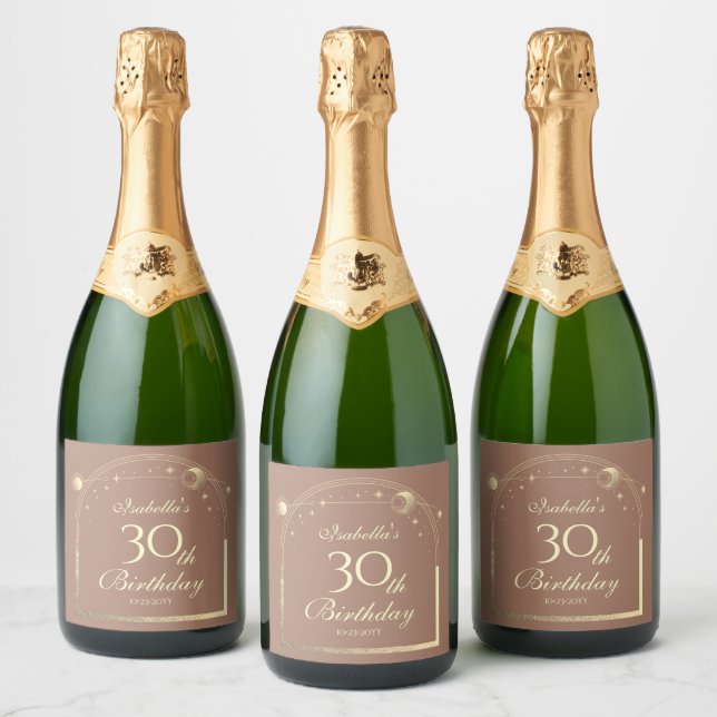 Celestial Mocha Gold Sun Moon Stars 30th Birthday Sparkling Wine Label (Bottles)
