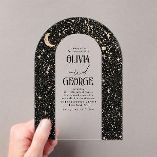 Celestial Modern Black Gold Wedding Arch Acrylic Invitations