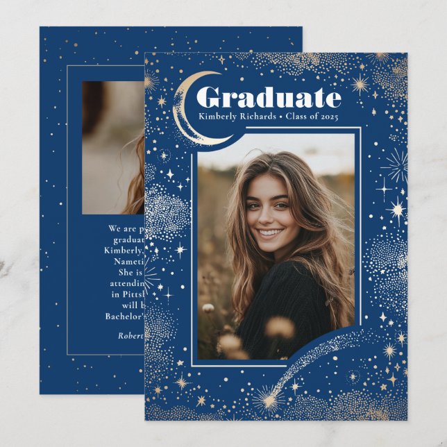 Celestial Modern Blue Graduate Photo Graduation Announcement (Front/Back)