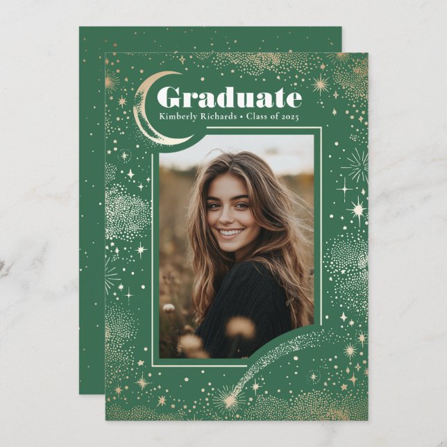 Celestial Modern Green Graduate Photo Graduation Announcement (Front/Back)