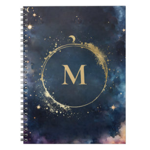 Celestial Monogram Blue Gold Galaxy Sky Planets Notebook