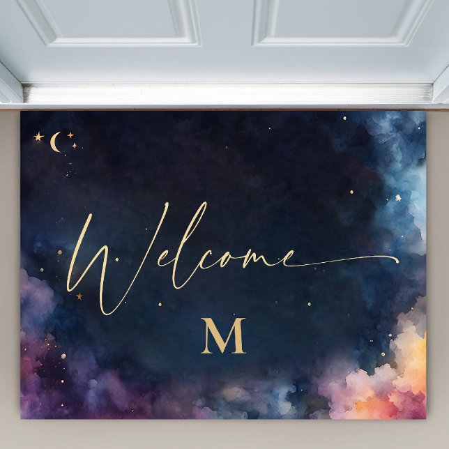 Celestial Monogram Blue Gold Galaxy Sky Welcome Doormat (elestial galaxy personalized midnight blue space welcome doormat custom monogram gift)