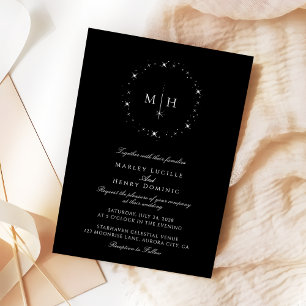 Celestial Monogram Elegant Black and White Wedding Invitation