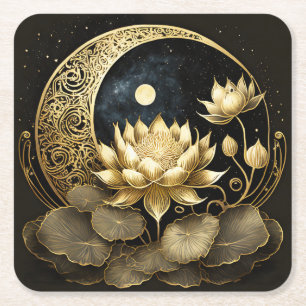 Celestial moon and lotus flower square paper coaster