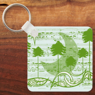 Celestial Moon and Musical Green Pine Trees Key Ring