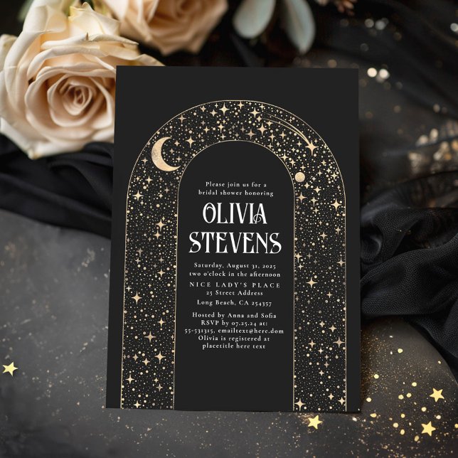 Celestial Moon and Stars Black Bridal Shower Invitation (Celestial Black Bridal Shower Invitations)