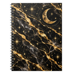 Celestial Moon and Stars Black Gold Notebook