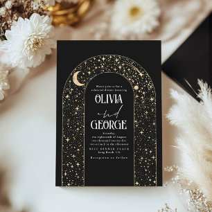 Celestial Moon and Stars Black Rehearsal Dinner Invitation