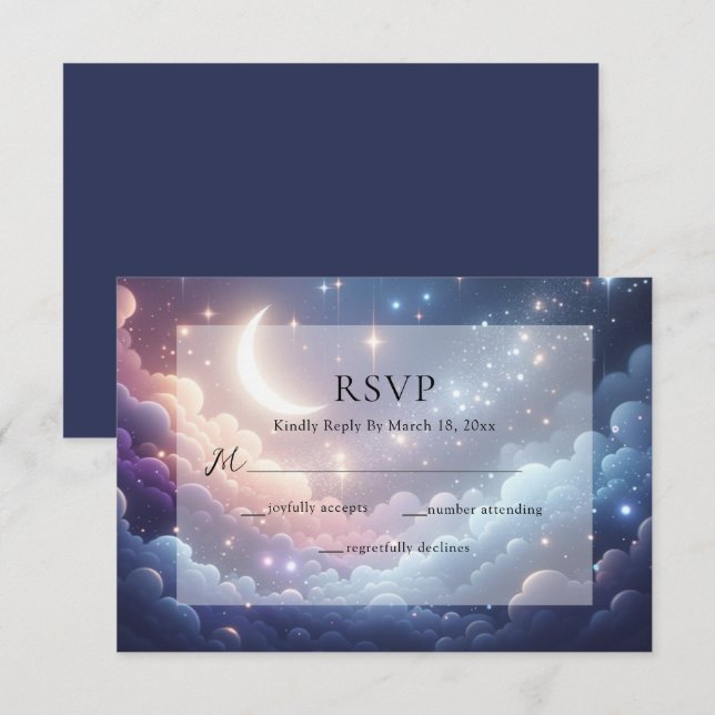 Celestial Moon and Stars Blue Wedding  RSVP Card (Front/Back)