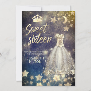 Celestial moon and stars calligraphy sweet sixteen invitation