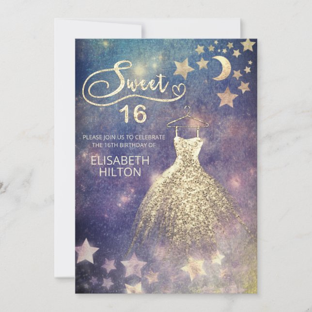 Celestial moon and stars calligraphy sweet sixteen invitation (Front)